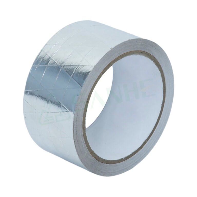 Close-up of a shiny aluminum HVAC tape roll used for sealing and insulating ductwork in heating, ventilation, and air conditioning systems.
